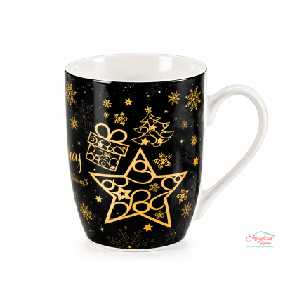 Cana Craciun portelan 300 ml neagra cu auriu , in ambalaj cadou, decor stelute