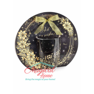 Cana Craciun portelan 300 ml neagra cu auriu , in ambalaj cadou, decor floral