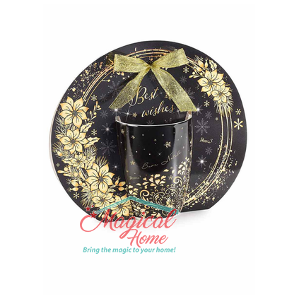 Cana Craciun portelan 300 ml neagra cu auriu , in ambalaj cadou, decor floral