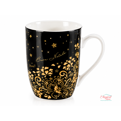 Cana Craciun portelan 300 ml neagra cu auriu , in ambalaj cadou, decor floral