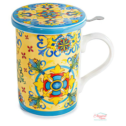 Cana ceai cu infuzor metalic si capac 350 ml, portelan, galbena,  in cutie cadou