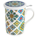 Cana ceai cu infuzor metalic si capac 350 ml, portelan, decor romburi,  in cutie cadou