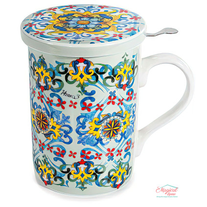 Cana ceai cu infuzor metalic si capac 350 ml, portelan, decor albastru,  in cutie cadou