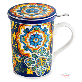 Cana ceai cu infuzor metalic si capac 350 ml, portelan, decor mandala,  in cutie cadou