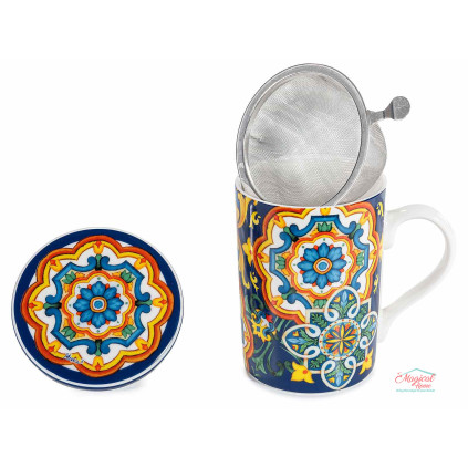 Cana ceai cu infuzor metalic si capac 350 ml, portelan, decor mandala,  in cutie cadou