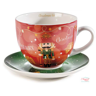 Ceasca Jumbo portelan 450ml decor Craciun, cu farfurie si cutie cadou