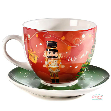 Ceasca Jumbo portelan 450ml decor Craciun, cu farfurie si cutie cadou