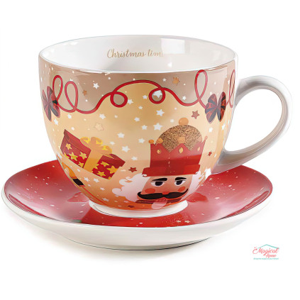 Ceasca Jumbo portelan 450ml decor Craciun, cu farfurie si cutie cadou